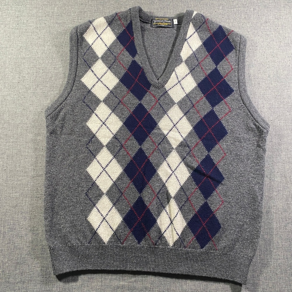 Vintage Windsor House Mens Argyle V‎ Neck Sweater Vest Pure Wool Size L